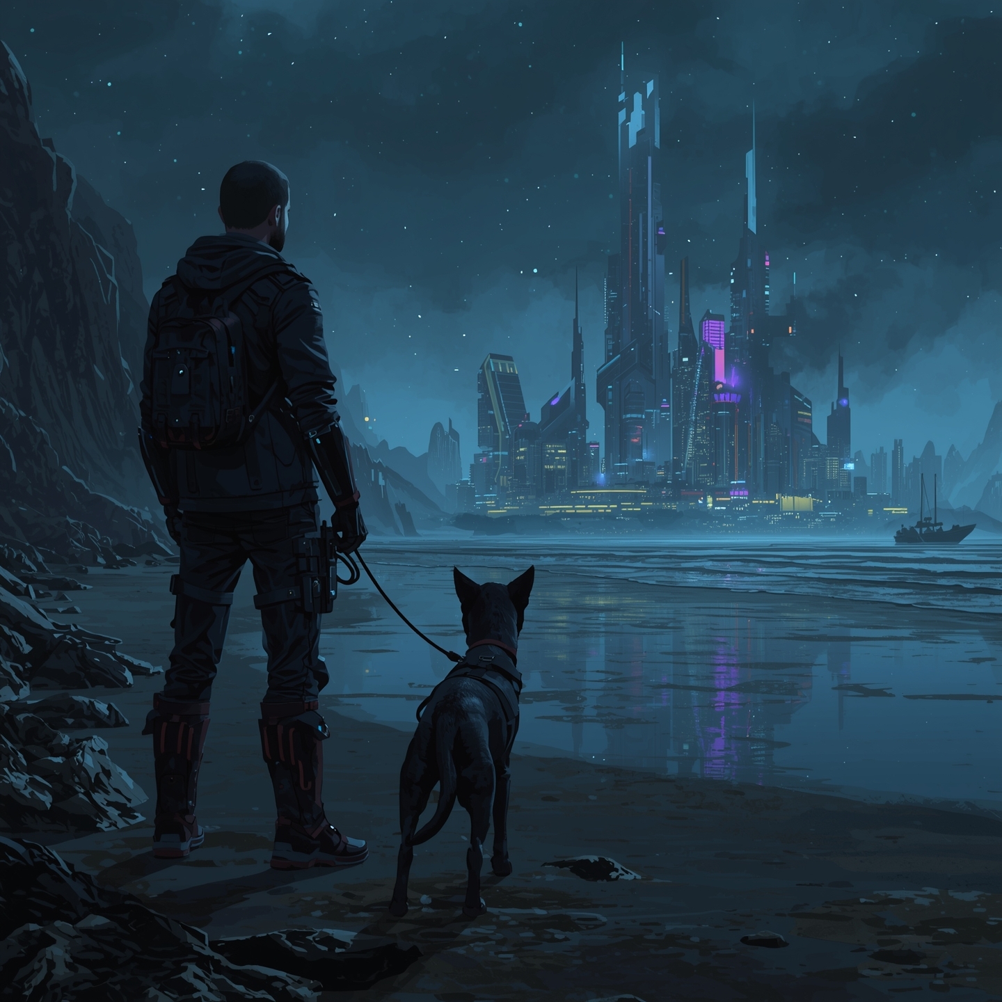 A developer and their companion overlooking a futuristic city